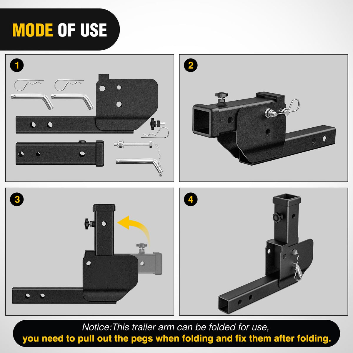 Nilight - Extensión plegable de enganche de remolque de 16.5 pulgadas, compatible con adaptador de transporte de carga para silla de ruedas, receptor de 2 pulgadas, enganche de remolque de 500 libras,