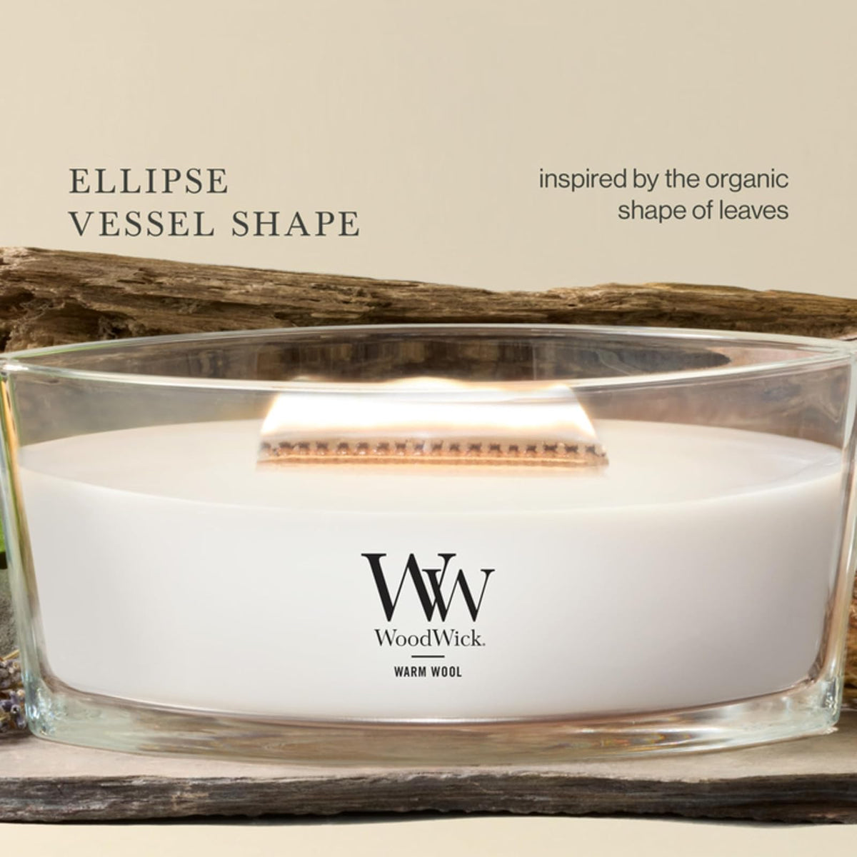 Woodwick - Vela perfumada con elipse de lana cálida, 16 onzas, hasta 50 horas de combustión y caída con mecha crujiente para una mezcla suave de cera de soja