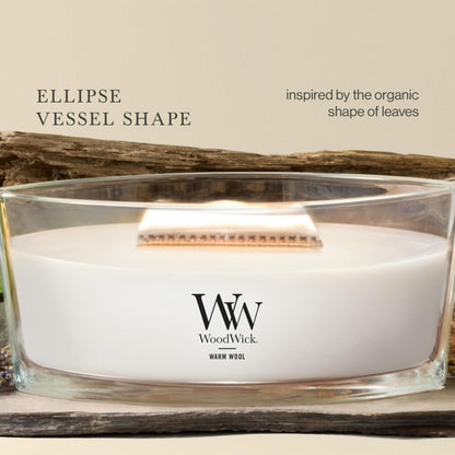 Woodwick - Vela perfumada con elipse de lana cálida, 16 onzas, hasta 50 horas de combustión y caída con mecha crujiente para una mezcla suave de cera de soja