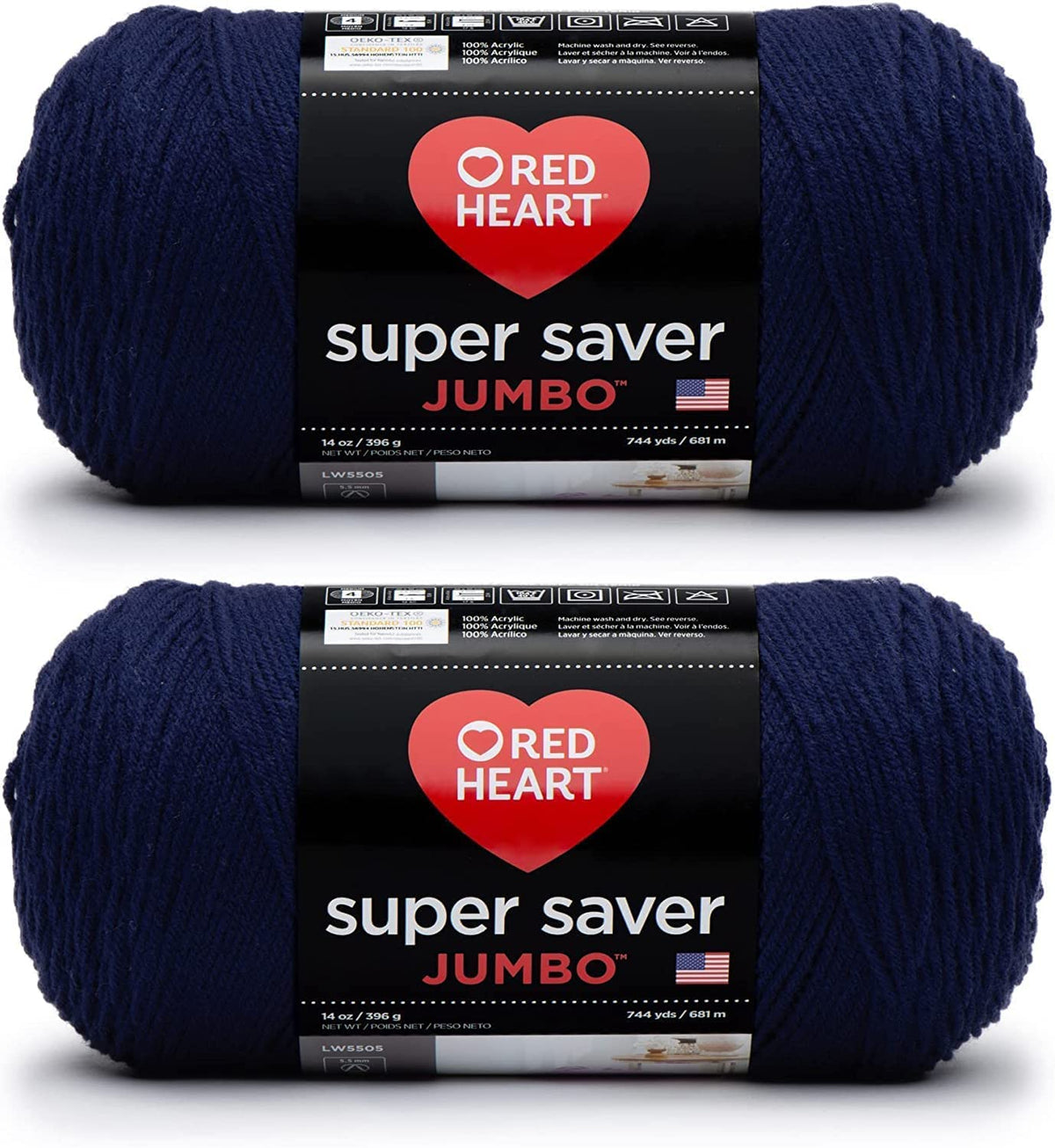 Red Heart Super Saver Estambre Acrílico Jumbo, Paquete de 2, 396 g - Paquete de 2 - Azul Marino Suave