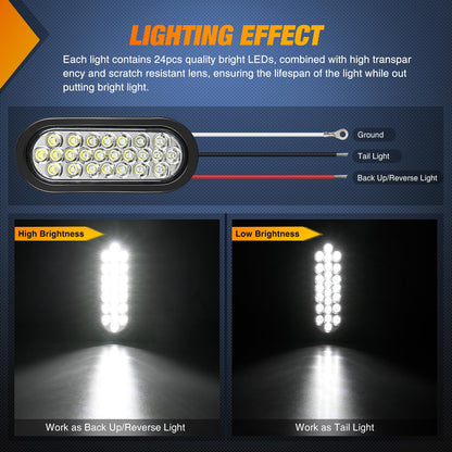 Nilight 6Inch Oval Trailer Tail Light 2PCS White 24LED Back Up Reverse Lights w/Flush Mount Grommets Plugs IP67 Waterproof for 12V Truck ATV UTV Bus RV Camper