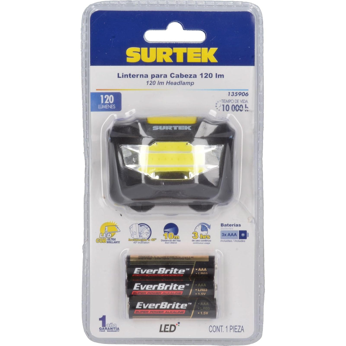 Surtek 135906 Linterna para Cabeza a Baterías, 120 LM