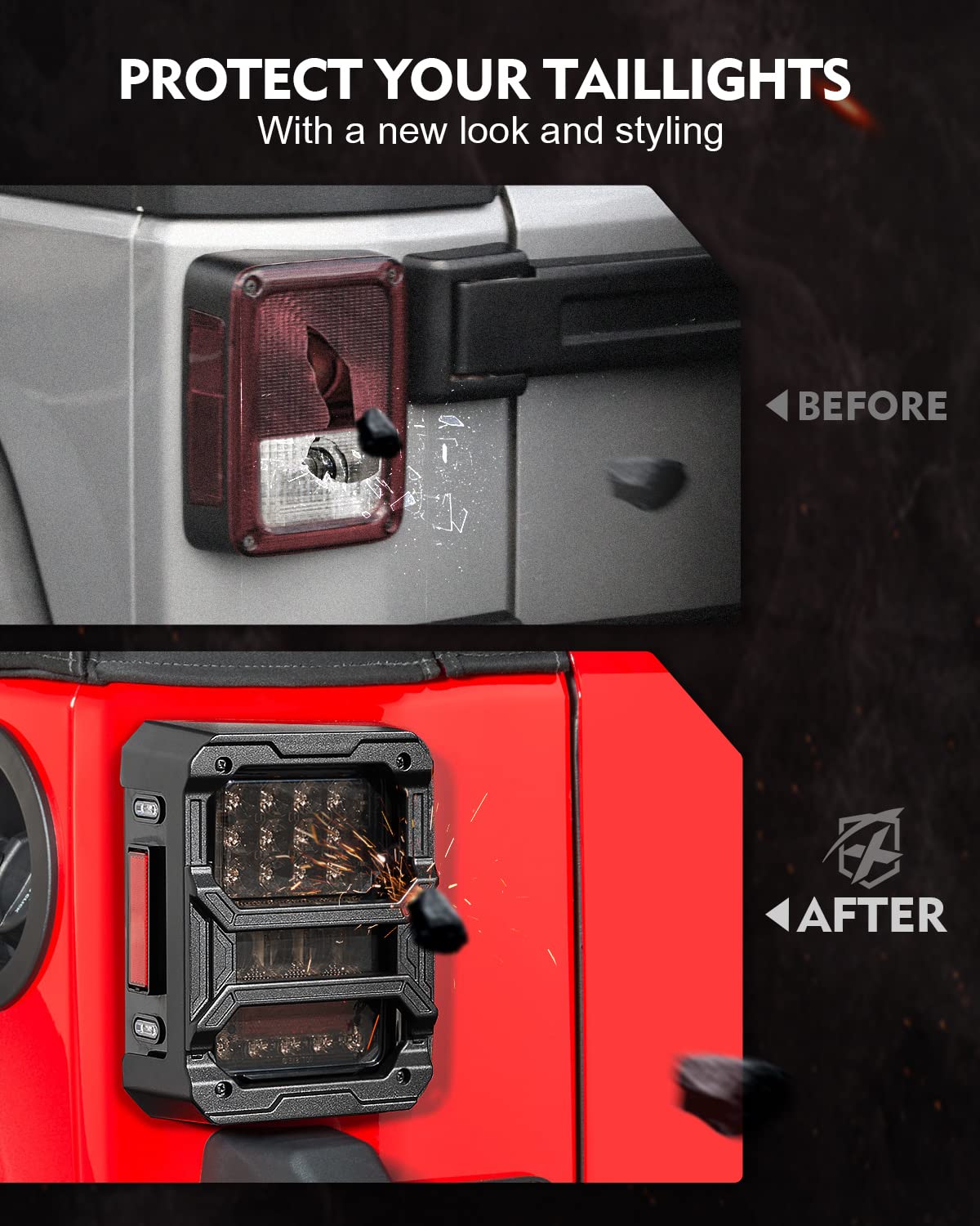 Xprite - Protectores de luz Trasera con diseño de Varillas deslizables, Cubiertas de luz Trasera autopatentadas compatibles con Jeep Wrangler JK JKU 2007-2018, par