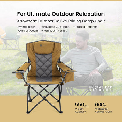 ARROWHEAD OUTDOOR - Silla Plegable portátil de Lujo con reposacabezas, Vidrio y portavasos, Enfriador de 6 latas, Bolsa de Transporte Resistente, Capacidad de Peso de 550 Libras