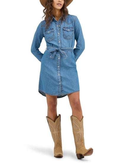 Wrangler Vestido Retro Long Sleeve Western de Algodón para Mujer