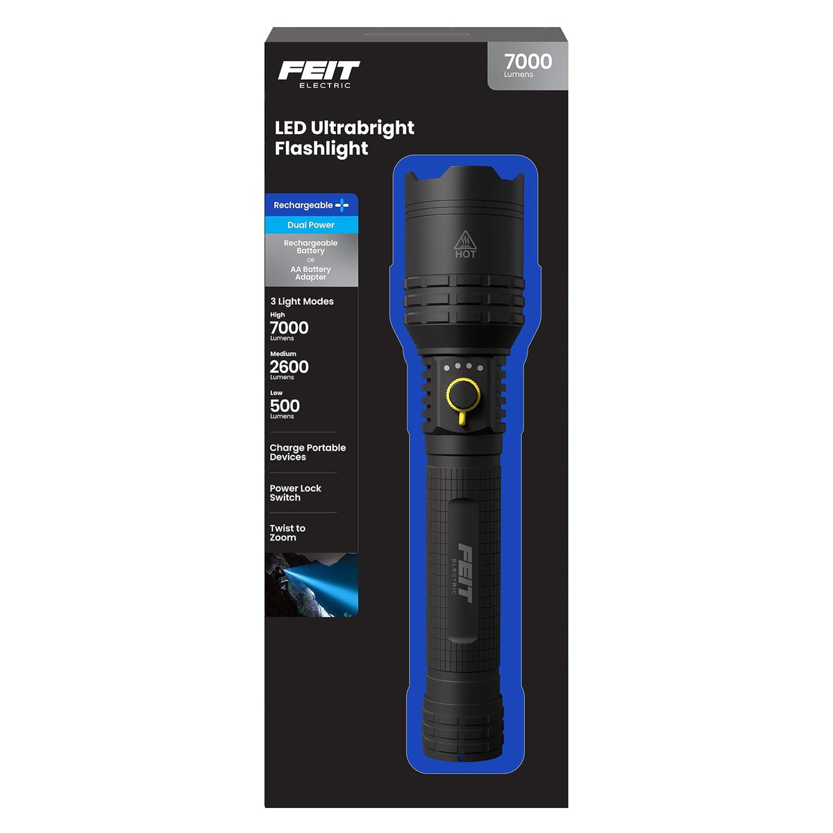Feit Linterna eléctrica Flex Power, 7000 lúmenes, LED ultrabrillante, recargable y compatible con batería AA, aluminio de grado aeronáutico, carga USB-C, 3 modos de luz, luz de emergencia con