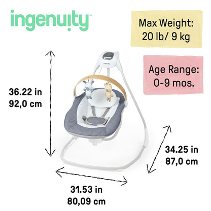Ingenuity SimpleComfort - Columpio calmante compacto, barra de juguetes giratoria, asiento giratorio, 6 velocidades, para edades de 0 a 9 meses, hasta 20 libras, Chambray