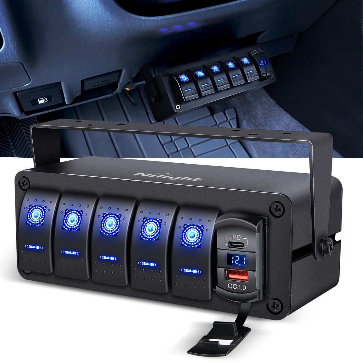 Nilight 90314B-F Caja de 5 Interruptores Basculantes SPST 12 V con Puerto USB Tipo C, QC 3.0 y Voltímetro, Impermeable, para Auto y Camión