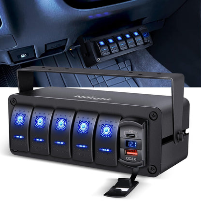 Nilight 90314B-F Caja de 5 Interruptores Basculantes SPST 12 V con Puerto USB Tipo C, QC 3.0 y Voltímetro, Impermeable, para Auto y Camión