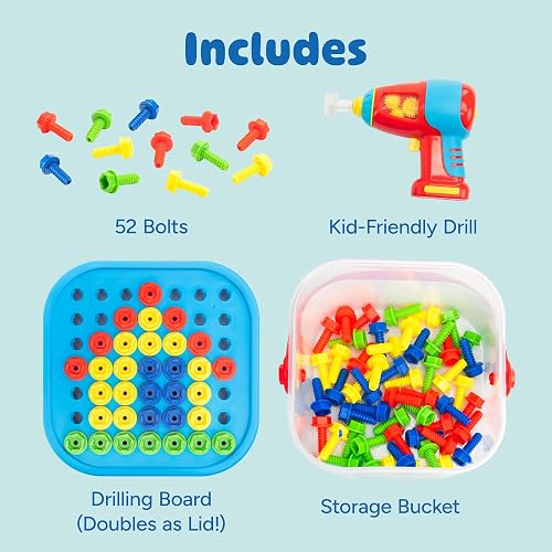 Educational Insights Design & Drill Bolt-It Bucket, Conjunto de Taladro portátil para Llevar a Todos Lados, Conjunto de 56 Piezas, Perfecto para niños y niñas Mayores de 3 años