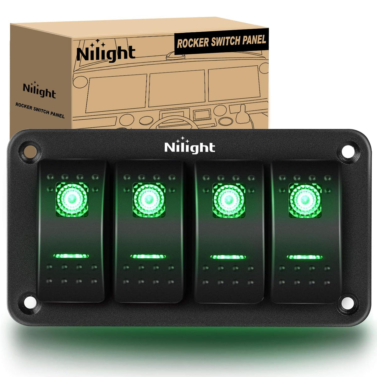 Nilight - Panel de interruptores basculantes de 4 puntos, interruptor de encendido y apagado de 5 pines, soporte de aluminio, 12 V, 24 V, salpicadero, precableado, retroiluminado en verde - Verde