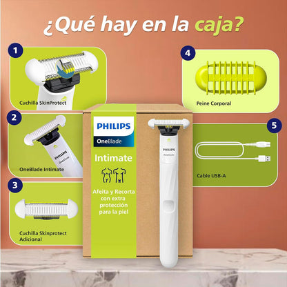 Philips OneBlade Intimate Afeitadora y Recortadora para Zonas Íntimas | Mayor protección en áreas sensibles | Mujer | 2 cuchillas SkinProtect + Peine Corporal | Zonas íntimas y axilas | QP1924/50