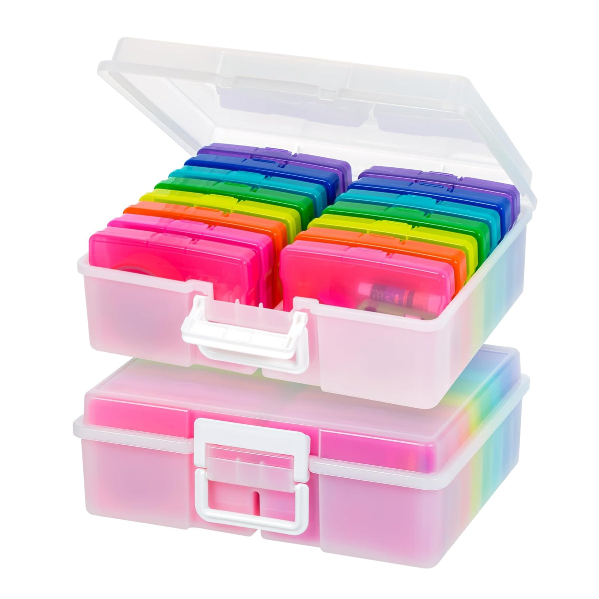 IRIS USA Caja Organizadora para Fotos, 16 Estuches, 2 Piezas, Perla/Multi | Compatible con fotos 4"x6", asa integrada, organizador para tareas, calcomanías, recortes y tarjetas didácticas