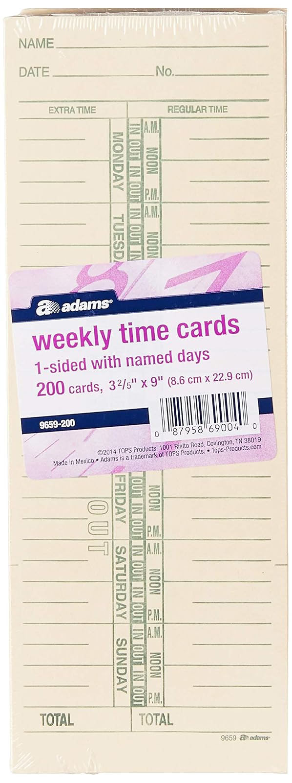 Adams tarjetas de tiempo, Weekly, lado, denominadas días, 3 – 3/8" x 9", Manila, verde impresión, 200 unidades (9659 – 200)