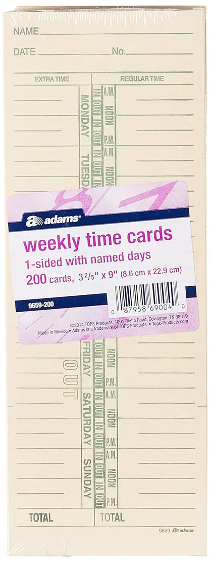 Adams tarjetas de tiempo, Weekly, lado, denominadas días, 3 – 3/8" x 9", Manila, verde impresión, 200 unidades (9659 – 200)
