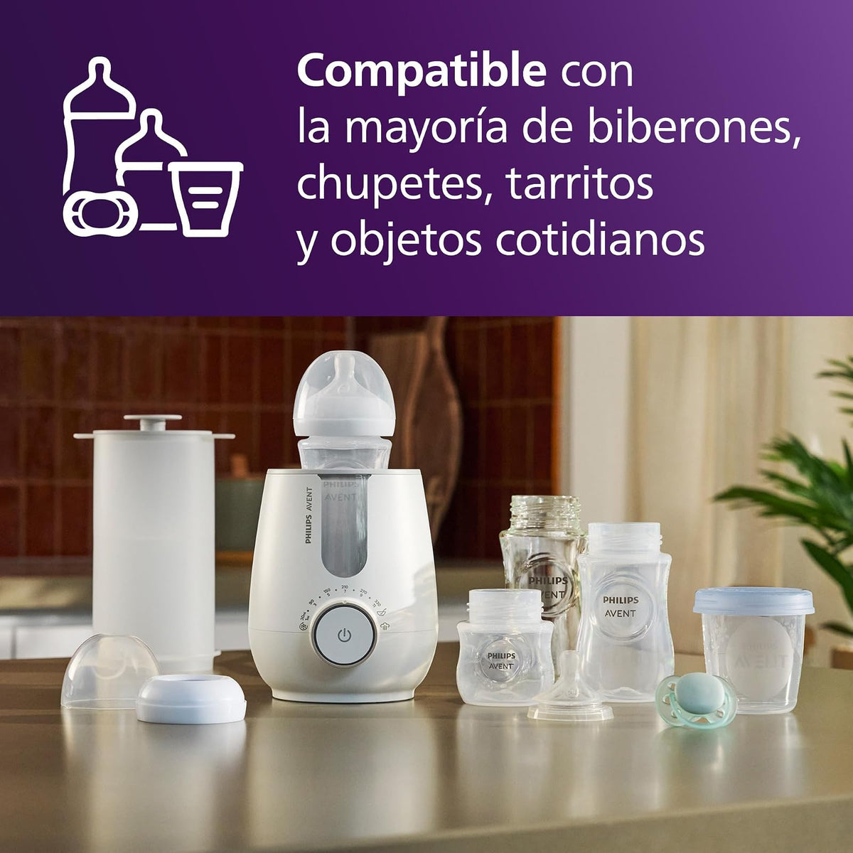 Philips Avent Calentador y Esterilizador 2 en 1 Listo en 3 Minutos | Sensor inteligente que evita sobrecalentamiento | Elimina 99.9% de bacterias | Calentamiento tipo hospitalario | SCF359/00