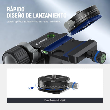 NEEWER Cabezal de trípode de 3 vías con placa QR tipo Pan Arca de 360°, microajuste milimétrico, cabezal de inclinación de 3 ejes de aleación de aluminio con interruptor rápido, modos dobles grandes y