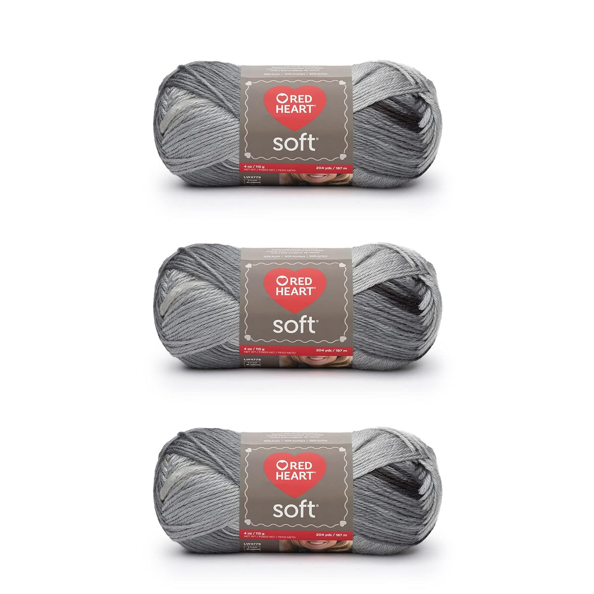 Red Heart Soft Estambre Acrílico, Paquete de 3 - Escala de grises - Paquete de 3