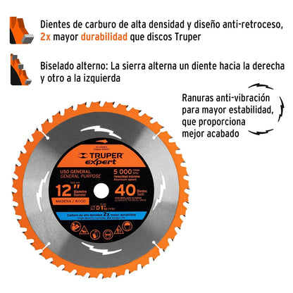 Truper Expert ST-1240EX, Disco sierra 12" para madera 40 dientes centro 1"