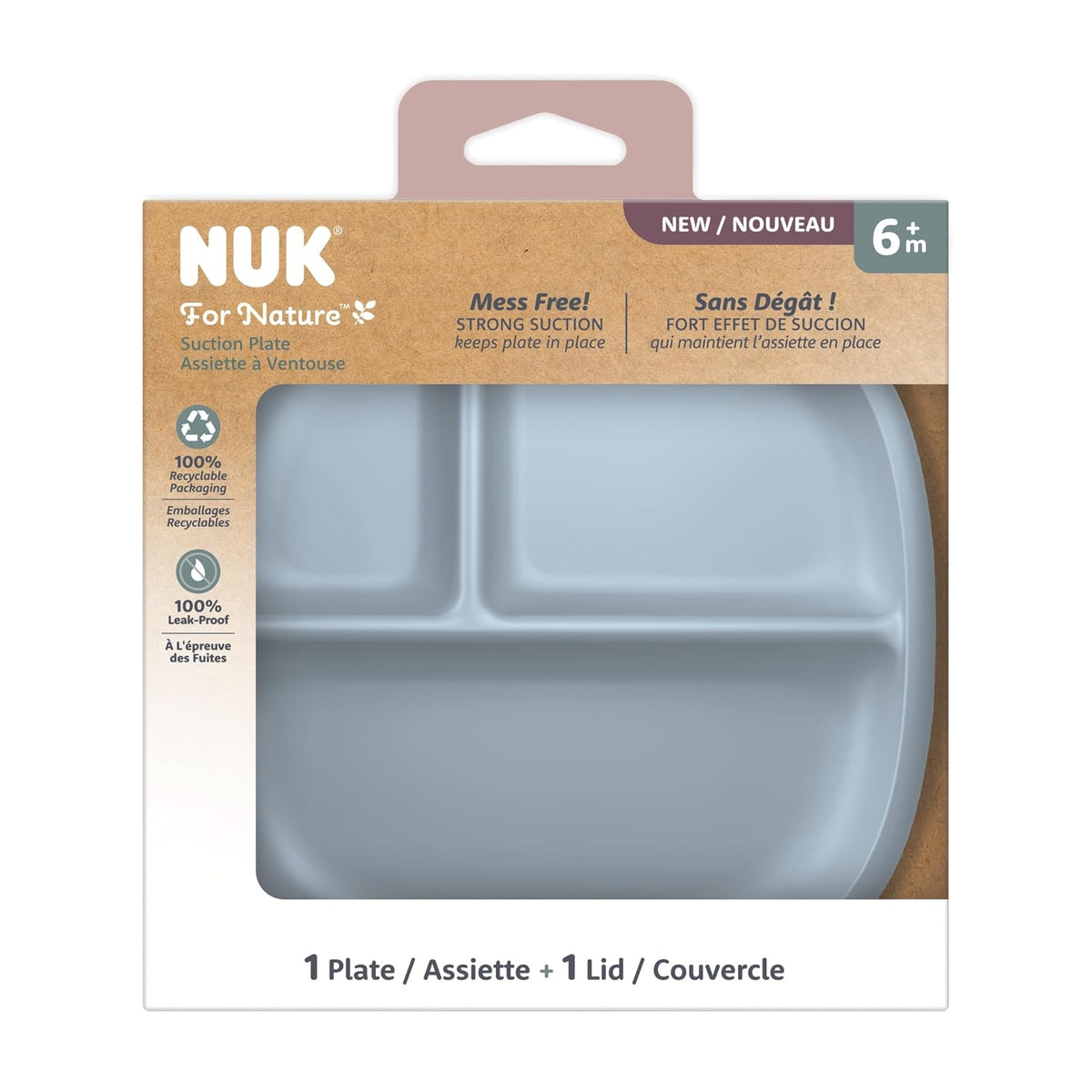 NUK for Nature Placa y tapa de ventosa, tapa a prueba de fugas, microondas, congelador y estante superior apto para lavaplatos, última intervensión de BPA y látex, paquete de 1