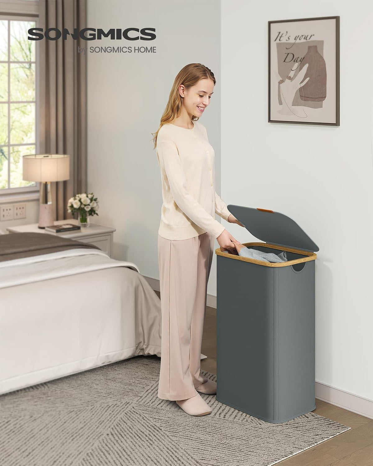 SONGMICS Organizador de Colada, Cesto para Ropa, Tela Oxford, Plegable, Bambú, Baño, Dormitorio, 100 L, Gris Pizarra MLCB518GN01