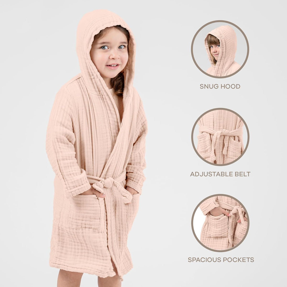 Comfy Cubs Muslin Bath Robe for Kids, 2-3 Years - 100% Cotton, 4-Layer Absorbent Muslin Fabric with Pockets and Belted - Ideal Cotton Bathrobe for Bath or Relaxing at