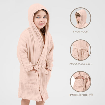 Comfy Cubs Muslin Bath Robe for Kids, 2-3 Years - 100% Cotton, 4-Layer Absorbent Muslin Fabric with Pockets and Belted - Ideal Cotton Bathrobe for Bath or Relaxing at