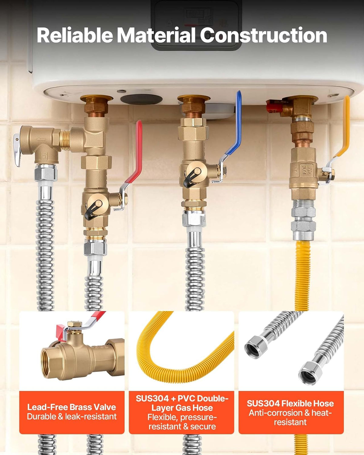 VEVOR Kit para Calentador de Agua, Kit de reparación de tuberías de Agua fría y Caliente de 3/4 Pulgadas con válvulas de Aislamiento WOG de 600, válvula de Alivio de presión