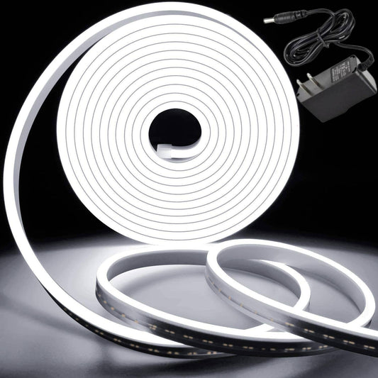 DOSYU Tira Neón Flex LED, 12V 16.4ft/5m Impermeable Flexible Cortable DIY 2835 Luces Led IP65 Decorativa para TV, Cuarto,Halloween, Fiesta de Navidad, con Adaptador(Blanco frio)