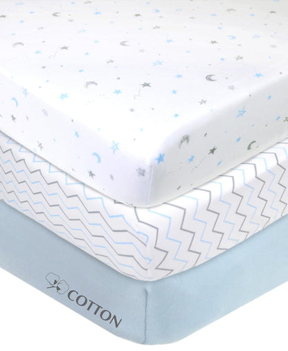 American Baby Company Sábana Ajustable de Algodón para Mini Cuna - Blue Star - Zigzag - Paquete de 3