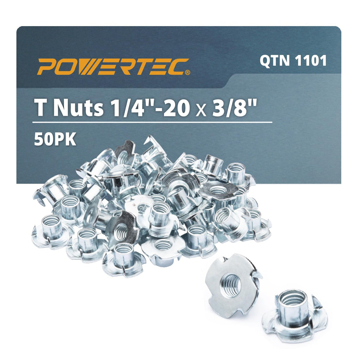 POWERTEC - Tuercas de 1/4-20 T, 50 piezas | Tuercas en T de 4 puntas para pernos y ruedas de vástago, insertos roscados para trabajar en madera, soportes para escalada en roca y muebles, para uso con