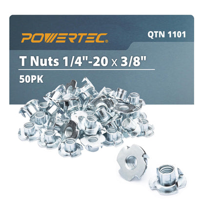 POWERTEC - Tuercas de 1/4-20 T, 50 piezas | Tuercas en T de 4 puntas para pernos y ruedas de vástago, insertos roscados para trabajar en madera, soportes para escalada en roca y muebles, para uso con