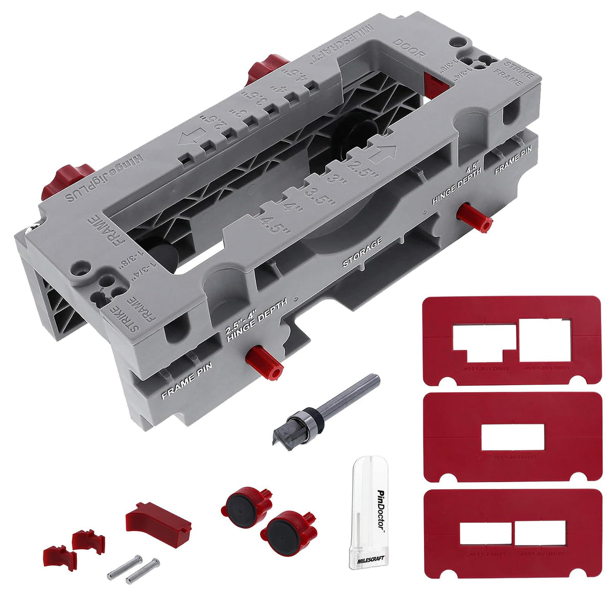 Milescraft 1229 - Plantilla de bisagra de doble sujeción para bisagra de puerta Kit completo de instalación de bisagras para mortajas de 2.5 a 4.5 pulgadas. Placas de cierre y cierre incluidas para