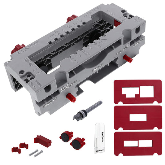 Milescraft 1229 - Plantilla de bisagra de doble sujeción para bisagra de puerta Kit completo de instalación de bisagras para mortajas de 2.5 a 4.5 pulgadas. Placas de cierre y cierre incluidas para