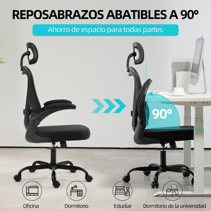 Cokos Silla de Oficina Ergonómica Giratoria Regulable con Reposabrazos Reposacabezas y Soporte Lumbar Apta para Oficinas y Salas de Estudio, Negro