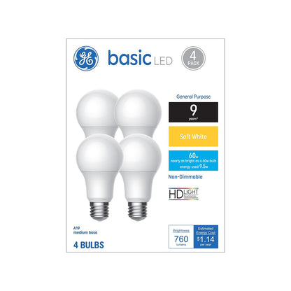 GE Basic Bombillas LED A19 Luz de Día, Paquete de 4 - Blanco suave - 4 Count (Pack of 1) - 60 W