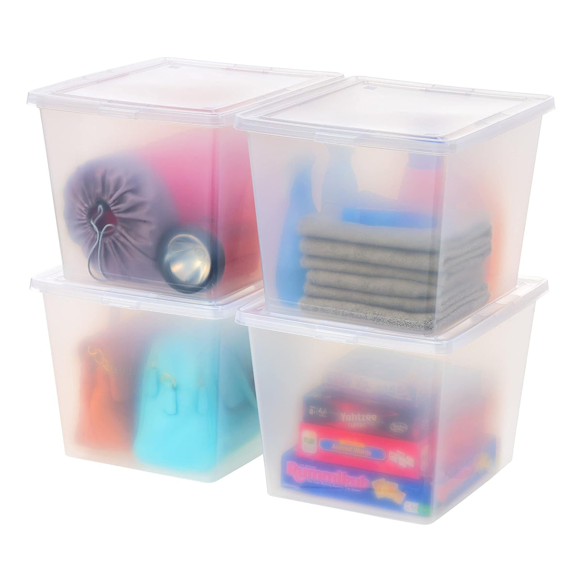 IRIS USA 6 Contenedores de 58 Qt con Tapa, Transparentes, Apilables | Ideal para mudanzas, cobijas, ropa y garaje. Diseño transparente y anidable para encontrar todo fácilmente. - Transparente - 34 L - Paquete de 4