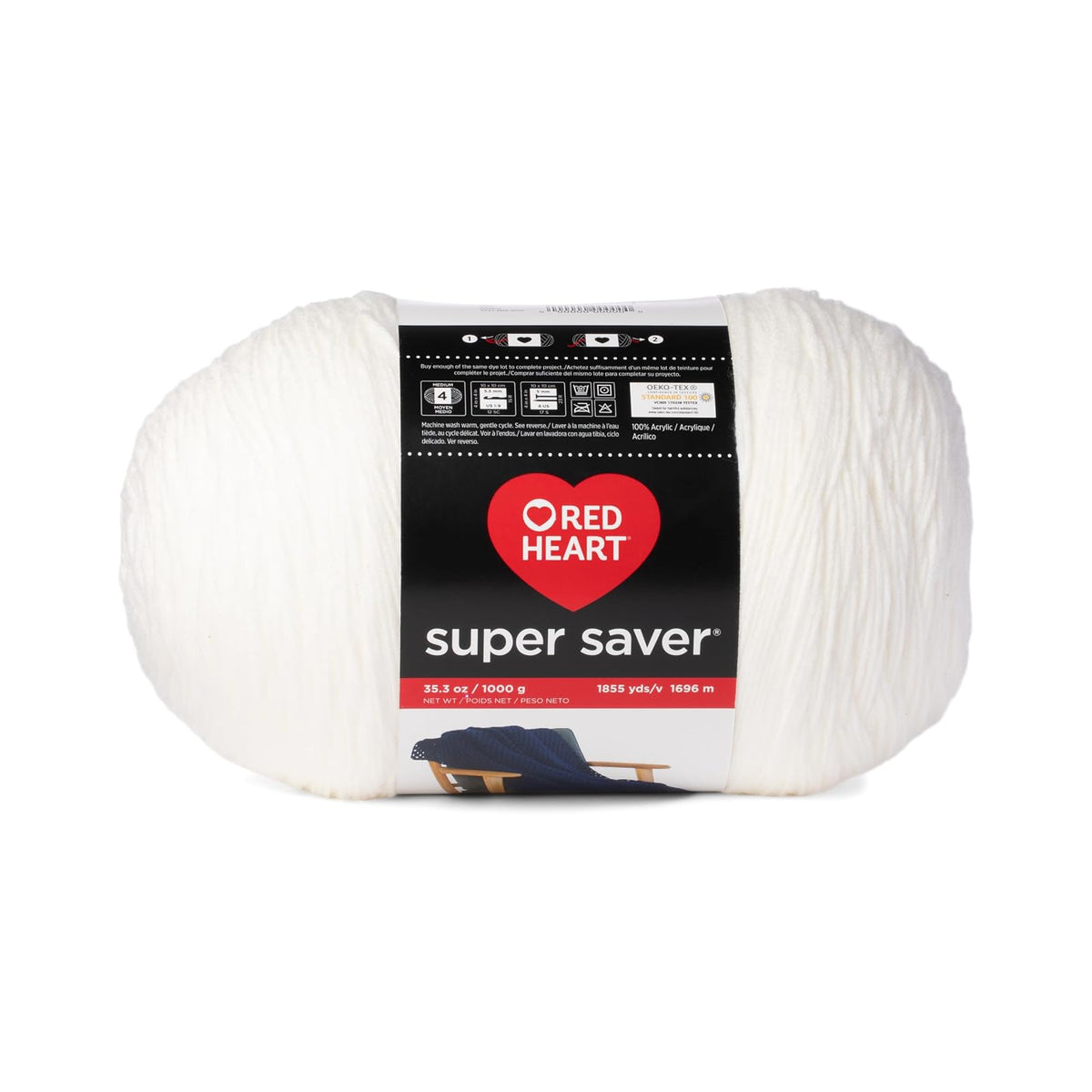 Red Heart Super Saver - Hilo blanco de 1000 g, 1 paquete de 35.2 oz/998 g, 100% acrílico, #4 Worsted (mediano) - 1860 yardas para tejer, ganchillo, manualidades y amigurumi