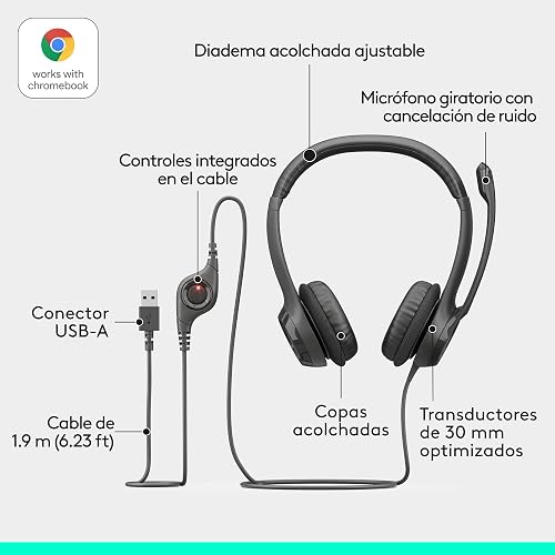 Logitech H390 Diadema con Cable, Sonido Estéreo y Micrófono USB con Supresión de Ruido, Controles Integrados en el Cable, PC/Mac/Laptop/Chromebook - Negro