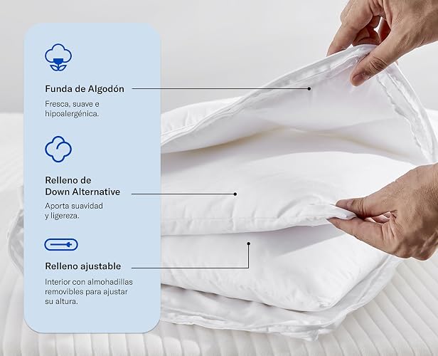 Luuna Almohada Ajustable Down Alternative, Funda 100% algodón, Alto Confort y Relleno Ajustable, Hipoalergénica y antiácaros, Blanco, King Size
