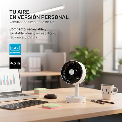 Ventilador Personal Recargable Taurus Pocket | Portátil y Compacto 4.5” | 3 Aspas | Cabezal Ajustable | Batería USB Tipo C | Flujo de Aire Directo | Ideal para Escritorio, Recámara y Oficina