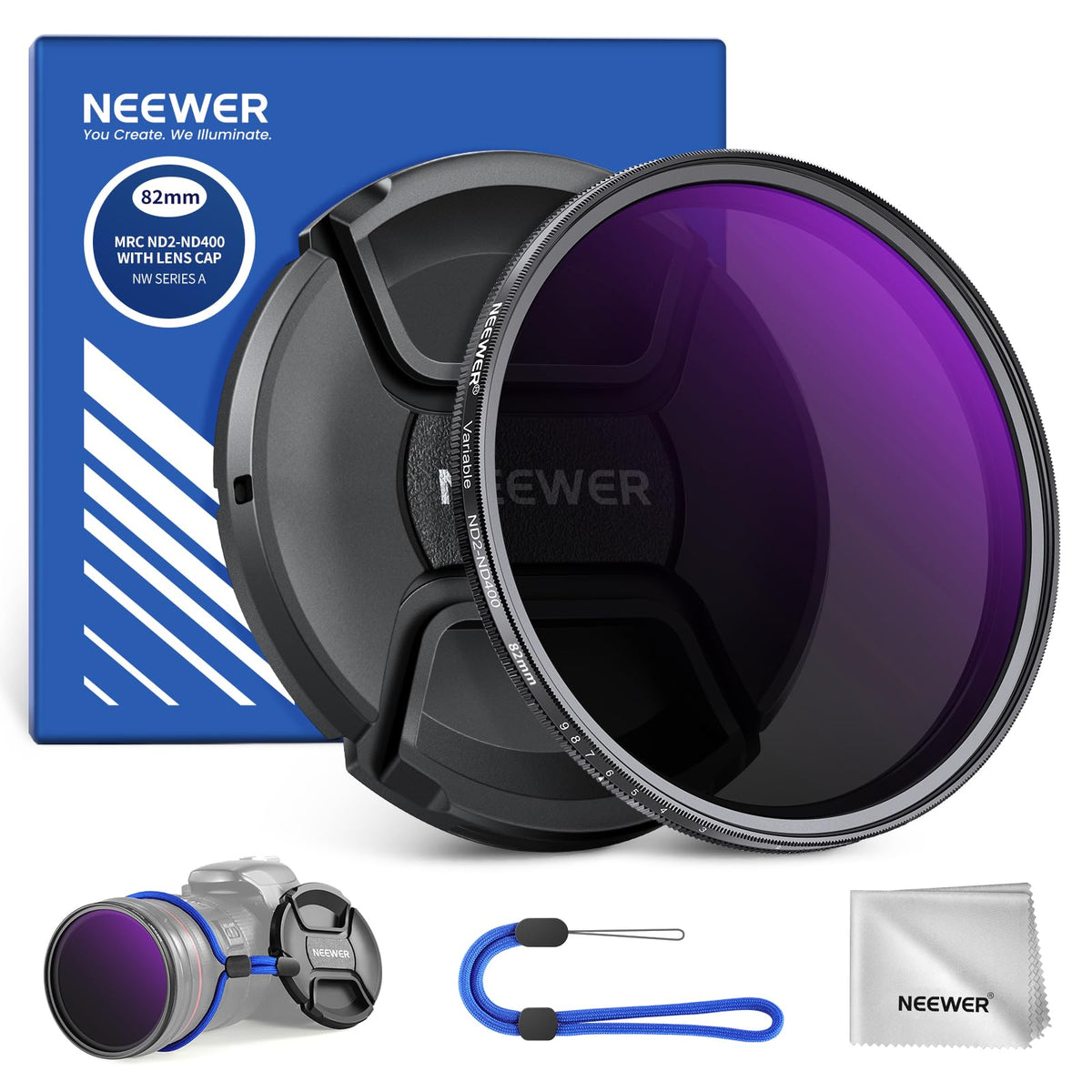 NEEWER 82mm Filtro ND Variable ND2-400 (1-9 Paradas) con Tapa de Lente, Cordón, Paño de Limpieza, Ajuste Preciso de Densidad Neutra, Vidrio Optico Multicapa Resistente a Huellas Dactilares y Rayones