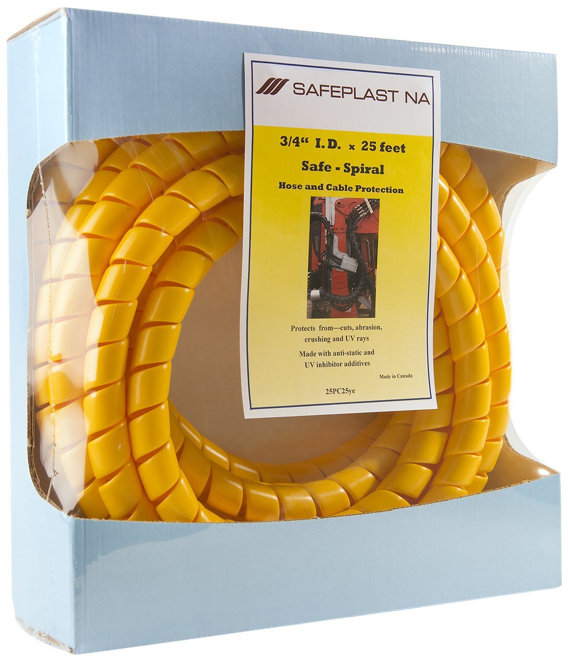 Caplugs SPPC Series - Safeplast - Envoltura en espiral precortada en espiral, protector de manguera y cable, HD-PE amarillo, 1 pulgada OD x 25 pies de longitud precortada, mangueras hidráulicas y