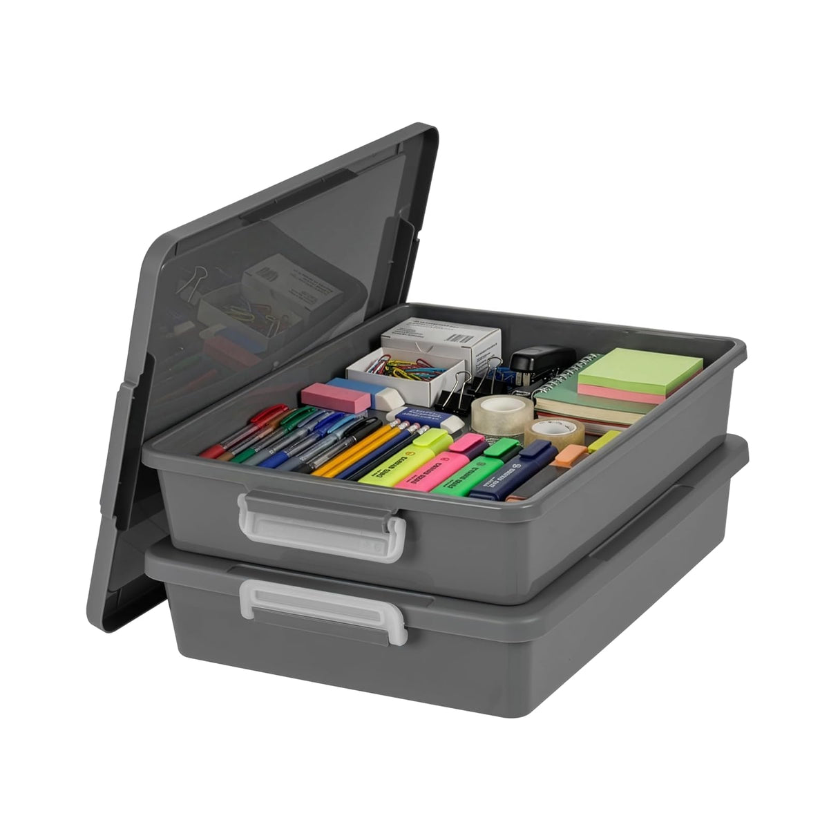 IRIS USA Contenedores de Plástico para Manualidades de 6 L con Tapa, Paquete de 2, Organizador Pequeño de Suministros de Arte y Oficina, Bins y Cajas Sensoriales para Hogar y Universidad, Gris