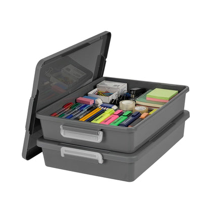 IRIS USA Contenedores de Plástico para Manualidades de 6 L con Tapa, Paquete de 2, Organizador Pequeño de Suministros de Arte y Oficina, Bins y Cajas Sensoriales para Hogar y Universidad, Gris