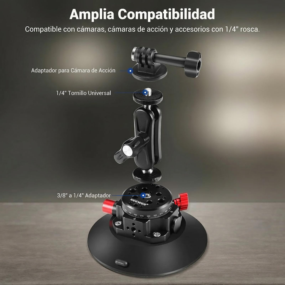 NEEWER Soporte de Succión para Cámara de 6" con Brazo Mágico de Cabeza Esférica, Soporte de Metal para Automóvil, en el Automóvil o Vidrio de Ventana con Orificios de Montaje ARRI de 1/4" 3/8",CA013