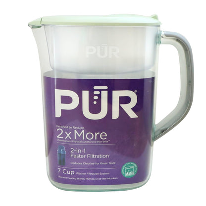 PUR Jarra de agua de 7 tazas, 1 filtro auténtico, limpiador, agua de gran sabor, apta para lavaplatos, potente, filtración más rápida, diseño de tapa LockFit, lima