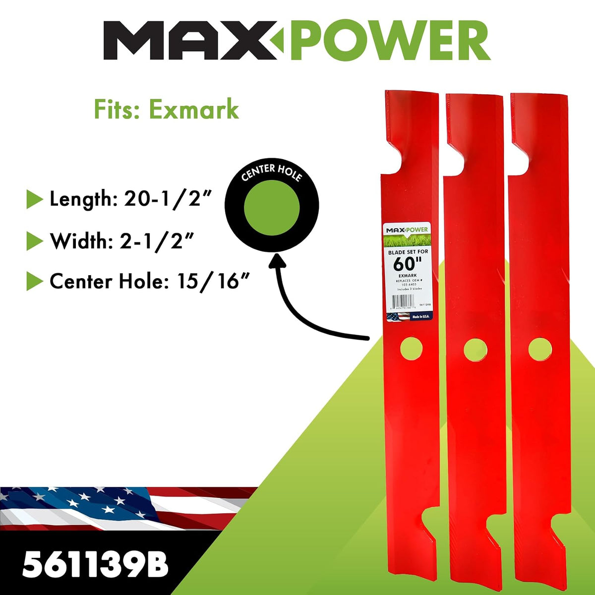 Maxpower 561139B - Juego de 3 Cuchillas Resistentes para Corte Exmark de 60 Pulgadas, sustituye al número OEM 103-6403, 103-6403-S, Rojo