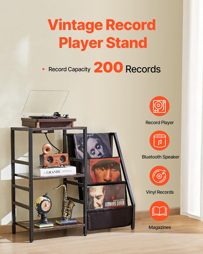 VEVOR - Soporte para Reproductor de Discos con estación de Carga y Puertos USB, Capacidad para hasta 200 álbumes, Soporte Giratorio de 3 Niveles con Almacenamiento de Discos de Vinilo, Mesa de