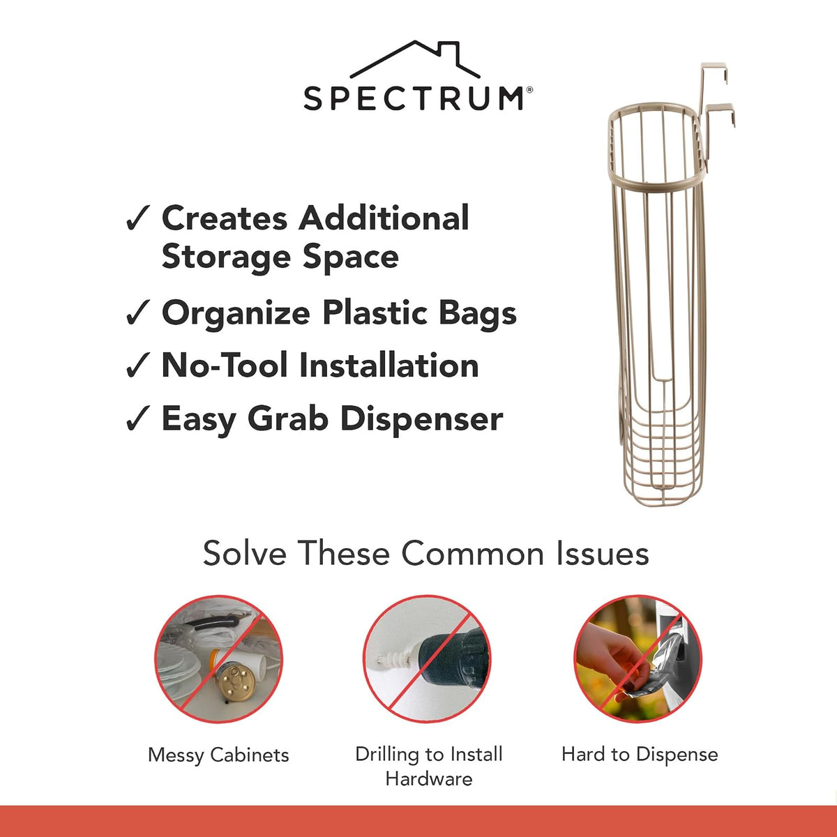 Spectrum Ashley - Soporte para bolsa de plástico sobre el gabinete (capa de níquel satinado) - Dispensador de bolsas de comestibles y reciclaje para cocina, baño, debajo del fregadero, hogar y organización de apartamentos